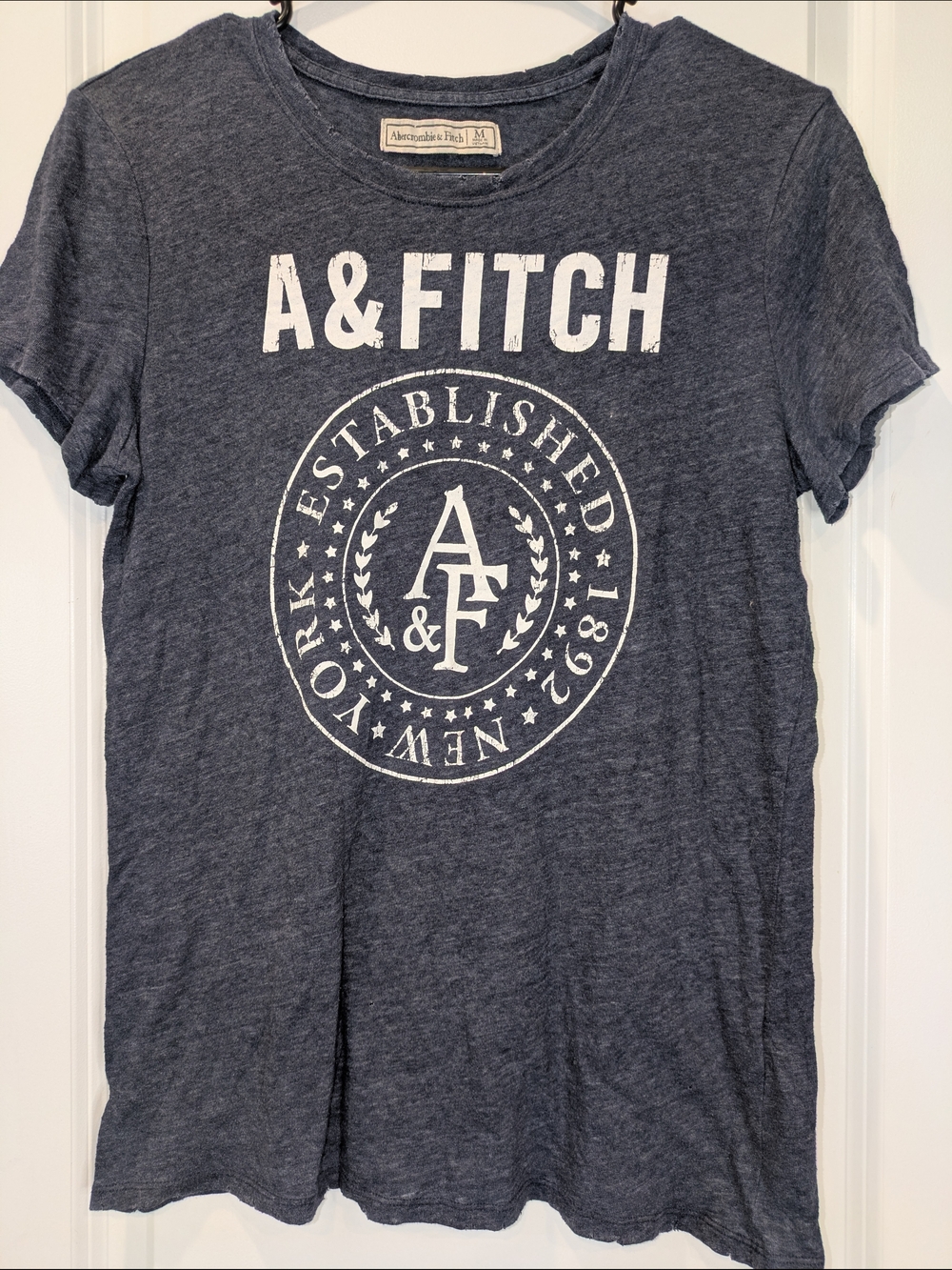 Abercrombie & Fitch A&F Graphic Tee Distressed Raw Hem Blue Short Sleeve Medium